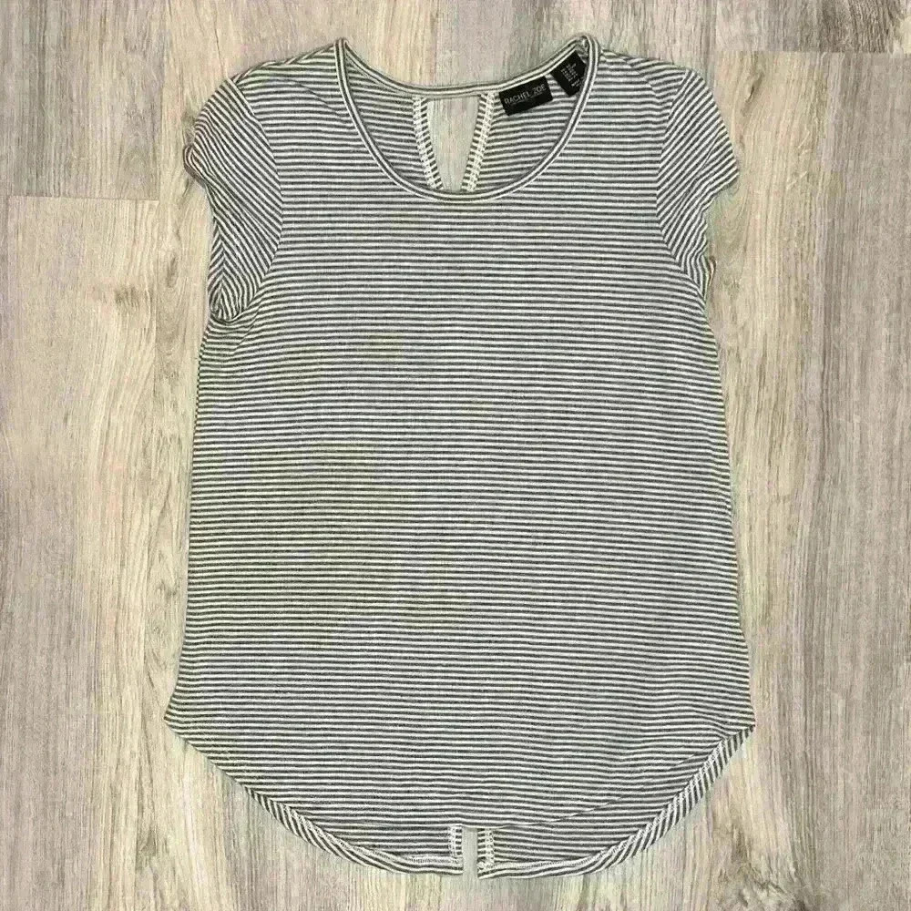 Rachel Zoe Gray White Stripes Short Sleeve Top Keyhole Back Tunic Shirt Size XS